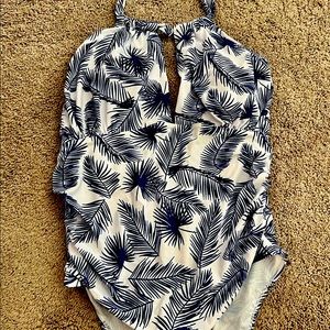 NEW w/tags! White one piece swimsuit with blue tree/palms design